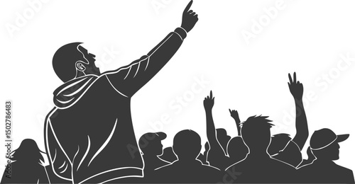 Crowd at concert silhouette man raising hand