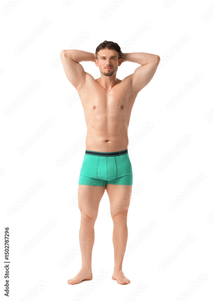 Young man in stylish turquoise underwear on white background Young man in stylish turquoise underwear on white background
