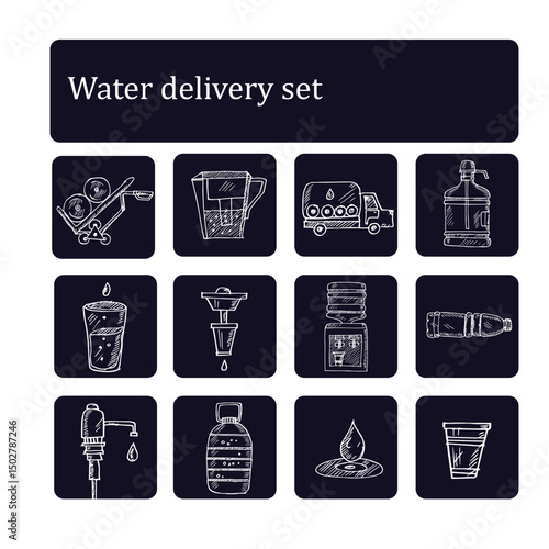 Wallpaper Mural Water delivery hand drawn doodle set. Isolated elements on white background. Symbol collection. Torontodigital.ca
