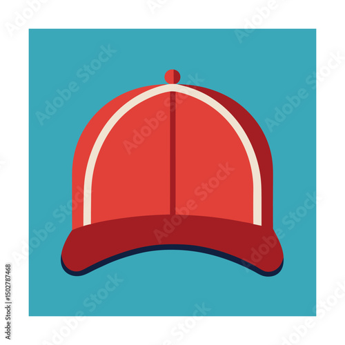 Simple and stylized illustration of a red baseball cap on a vibrant turquoise background.