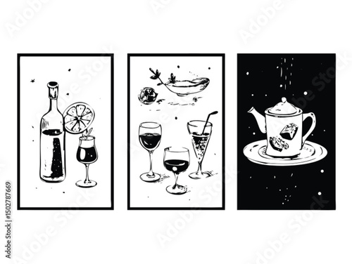 Vector illustration of a vintage restaurant menu design featuring a wine bottle and glass icons, perfect for a bar or food beverage celebration