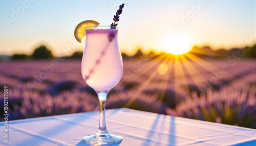 Lavender Lemonade Fizz in elegant flute glass with lemon twist and lavender sprig, sunlit lavender field backdrop, golden hour, dreamy lighting, modern beverage photography