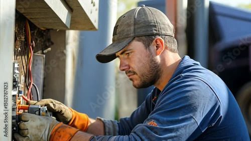 Skilled electrician performing electrical installation with tools and safety gear in residential setting