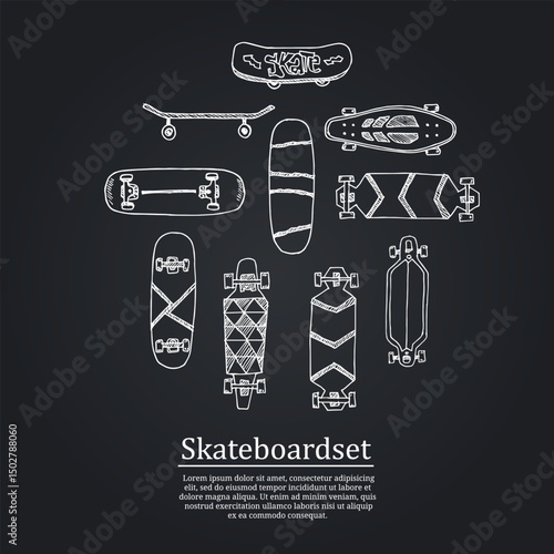Wallpaper Mural Skateboard hand drawn doodle set. Isolated elements on white background. Symbol collection. Torontodigital.ca