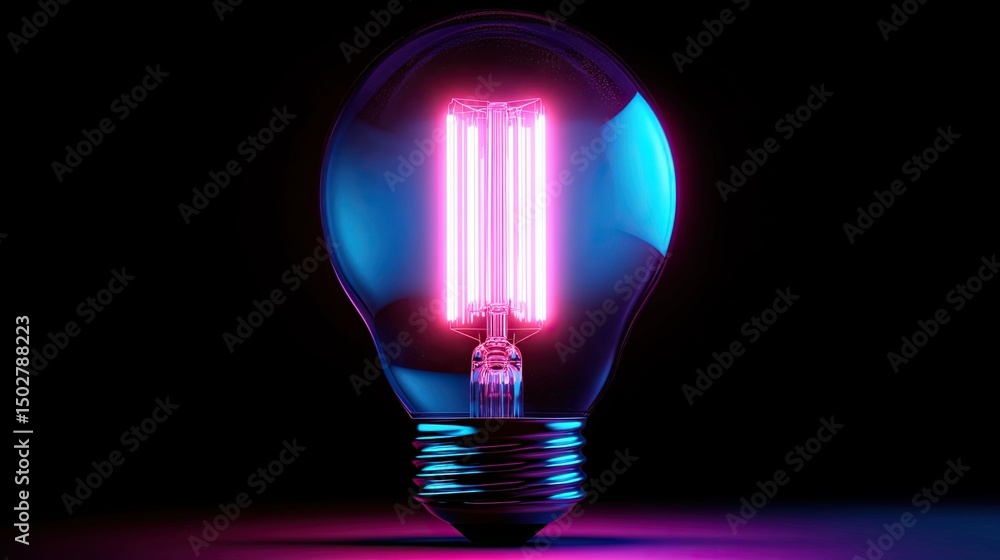 A vibrant light bulb glows with neon pink and blue hues illuminating a modern vision showcasing advanced LED A vibrant light bulb glows with neon pink and blue hues illuminating a modern vision showcasing advanced LED