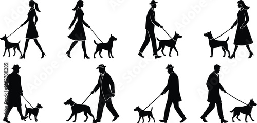 Person walking with dog silhouette set. Collection of vector illustrations on transparent background