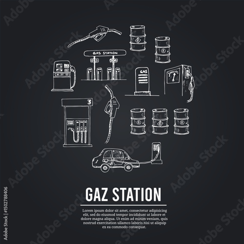 Gas station isolated hand drawn doodles Vector set