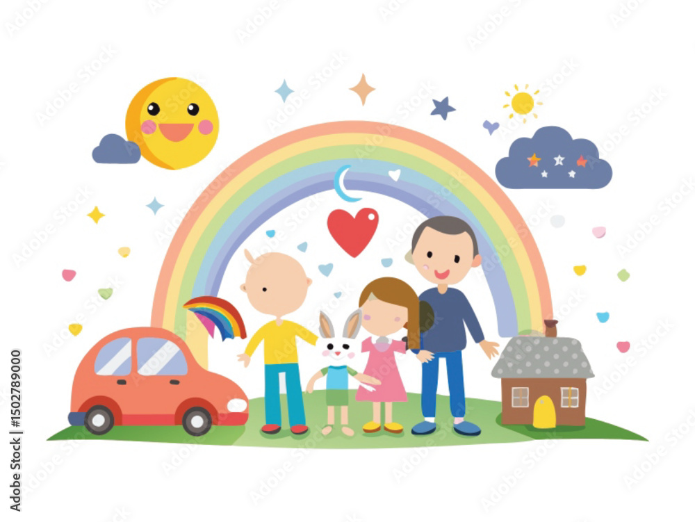 Obraz premium Kids' illustration of happy children playing with colorful balloons and toys