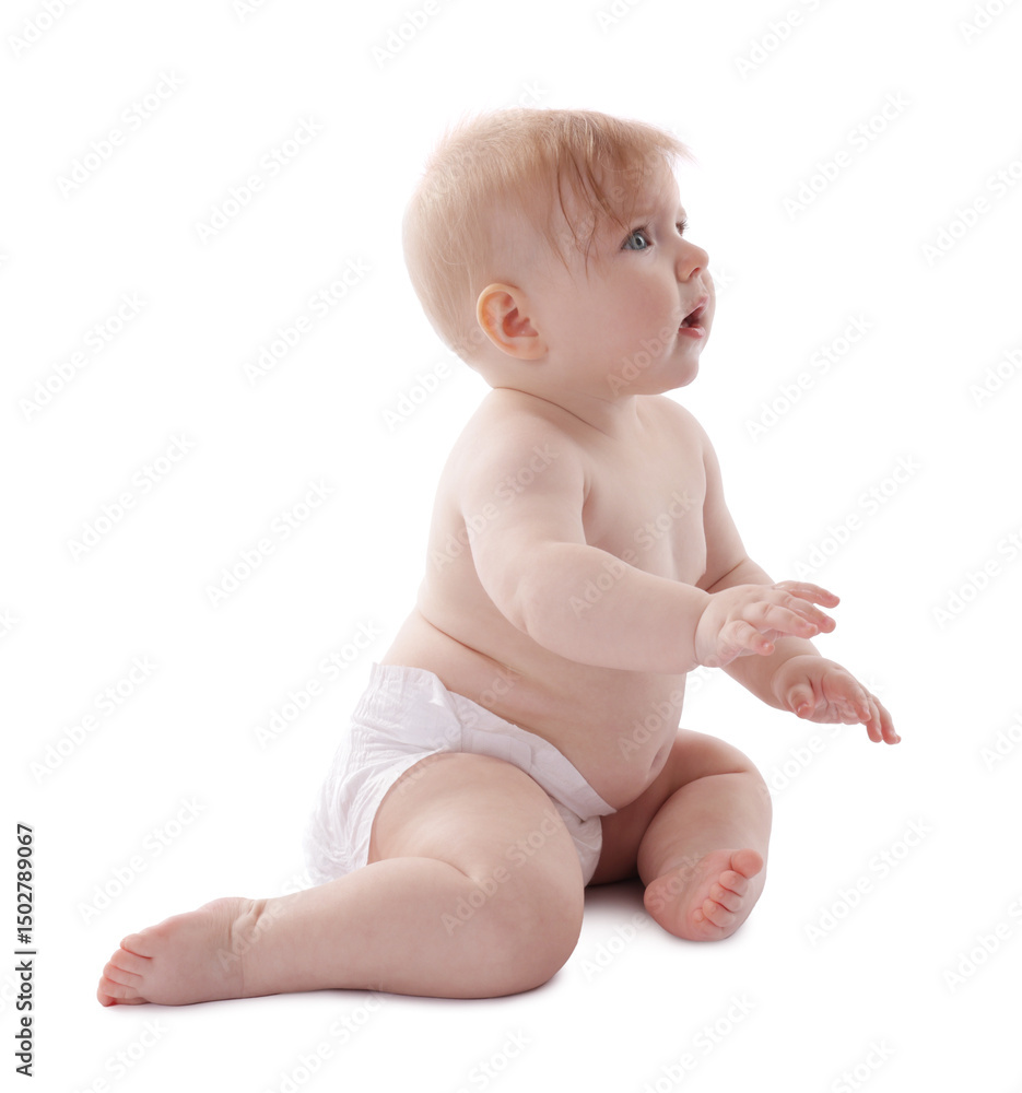 Cute little baby in diaper on white background Cute little baby in diaper on white background