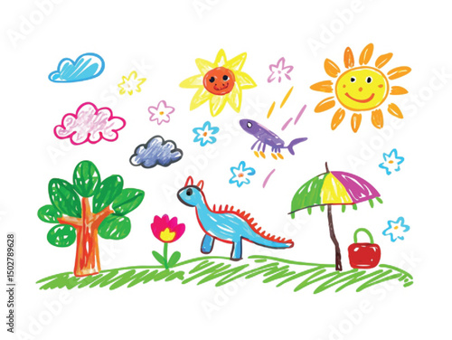 A whimsical cartoon illustration depicts a set of funny baby animals, including birds and butterflies, amidst vibrant flowers, green grass, and trees under a summer sky