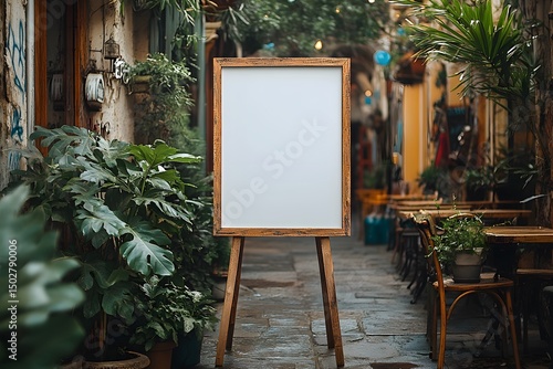 Blank menu board on rustic street with lush greenery and outdoor