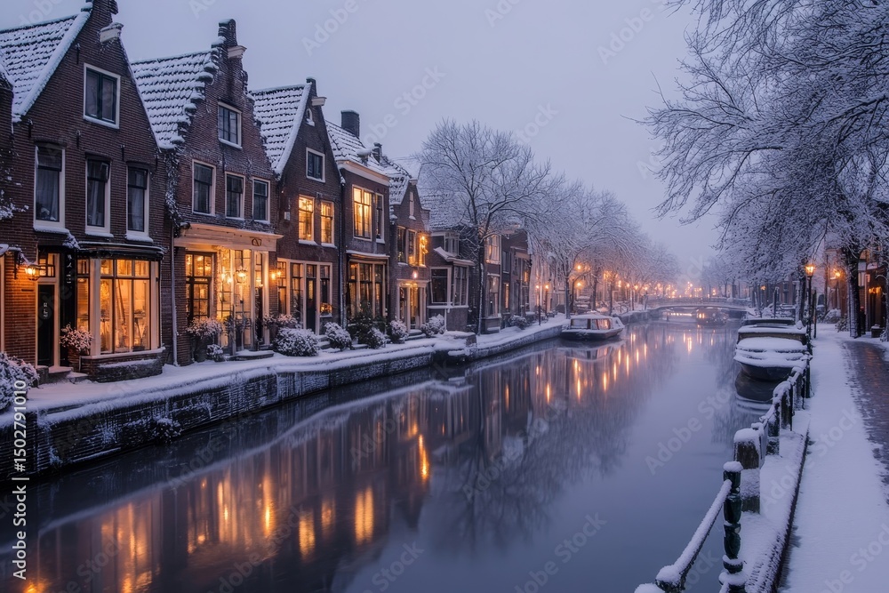 Fototapeta premium Frozen canal lined with quaint houses and softly glowing streetlights, Generative AI