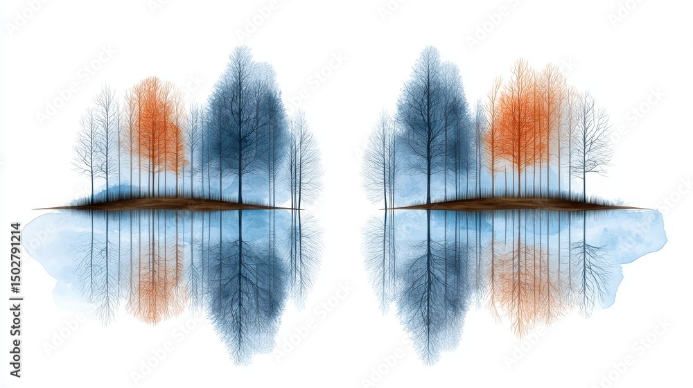 Fototapeta premium Symmetrical Watercolor Tree Illustration in Blue and Orange with Water Reflections