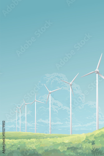 Wind turbines on the hill in countryside landscape with blue sky vertical background graphic illustration. Sustainable renewable green energy concept have blank space.