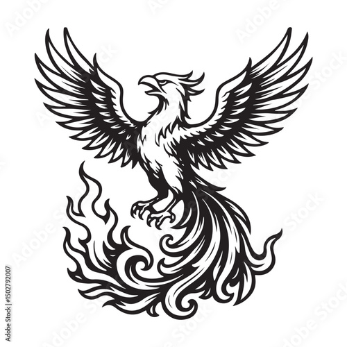 phoneix with wings flying in tattoo style vector silhouette illustration