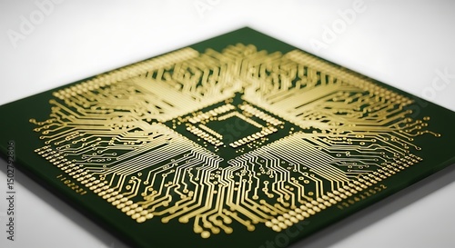 Electronic Chip Close Up Gold Lines Green Board