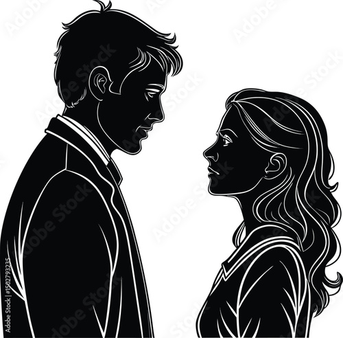 Silhouette illustration of a man and woman gazing intently at each other with dramatic lighting
