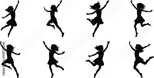 Silhouettes of jumping people set. Collection of person jumping vector illustration on transparent background, PNG
