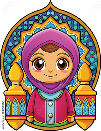 arabic muslim little girl vector illustration