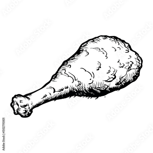 A hand-drawn illustration of a chicken drumstick. The drumstick is depicted with a textured surface, showcasing its meaty and crispy appearance. It is isolated on a white background.