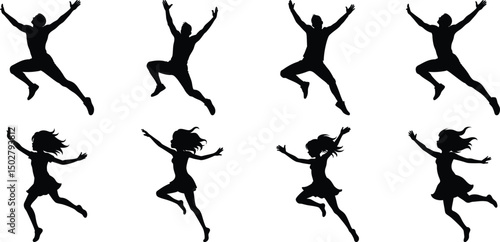 Silhouettes of jumping people set. Collection of person jumping vector illustration on transparent background, PNG
