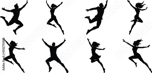Silhouettes of jumping people set. Collection of person jumping vector illustration on transparent background, PNG