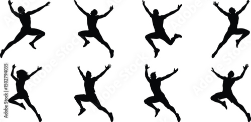 Silhouettes of jumping people set. Collection of person jumping vector illustration on transparent background, PNG
