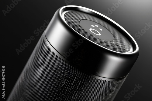 Modern smart speaker with touch controls and led indicator, featuring sleek black design and multi-function buttons for voice assistant and connectivity
