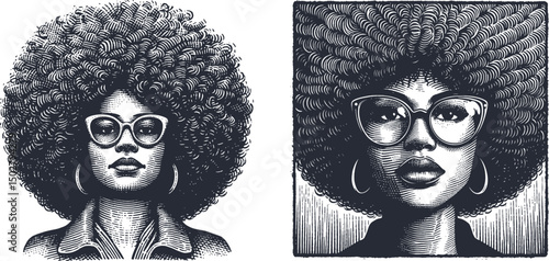 Vintage Woodcut Style Illustration of Woman with Glasses and Voluminous Afro Hairstyle – Retro Engraving Art, Detailed Black and White Portrait, Hand-Drawn Aesthetic