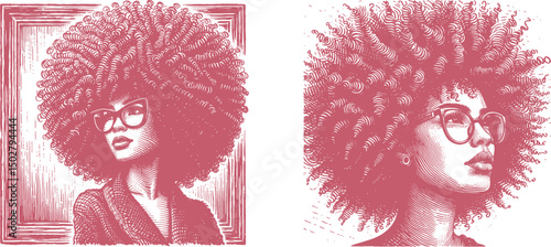 Vintage pink engraving style illustration of a confident Black woman wearing glasses and a voluminous Afro hairstyle, woodcut texture vector art, ethnic portrait design, retro decorative motif