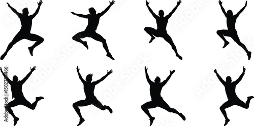 Silhouettes of jumping people set. Collection of person jumping vector illustration on transparent background, PNG