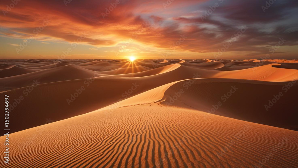 Naklejka premium Fiery Sunset over Rolling Sand Dunes in the Desert
