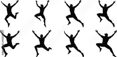Silhouettes of jumping people set. Collection of person jumping vector illustration on transparent background, PNG