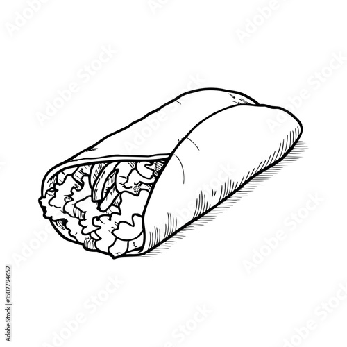 A hand-drawn illustration of a burrito wrapped in a tortilla. The burrito is filled with lettuce, beans, and other ingredients, showcasing a simple and appetizing design.