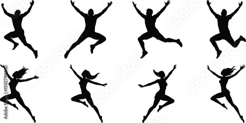 Silhouettes of jumping people set. Collection of person jumping vector illustration on transparent background, PNG