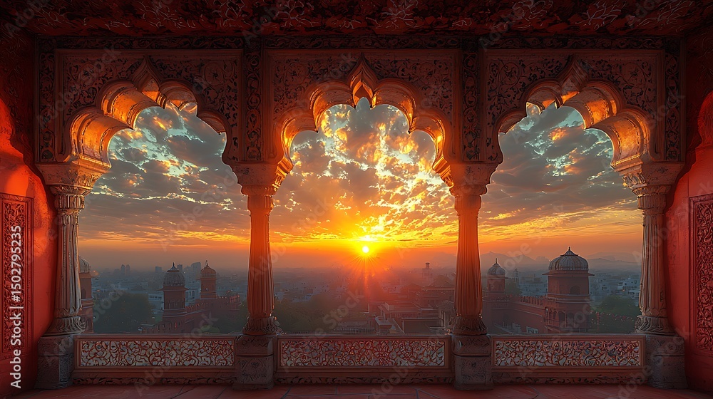 Obraz premium Beautiful scenic view through ornate arches during a vibrant sunrise in a historic indian city photo