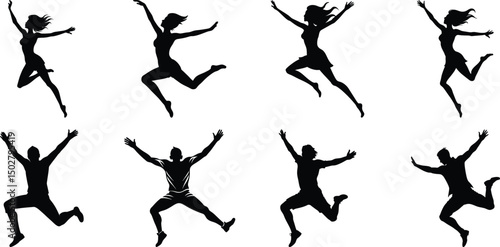 Silhouettes of jumping people set. Collection of person jumping vector illustration on transparent background, PNG