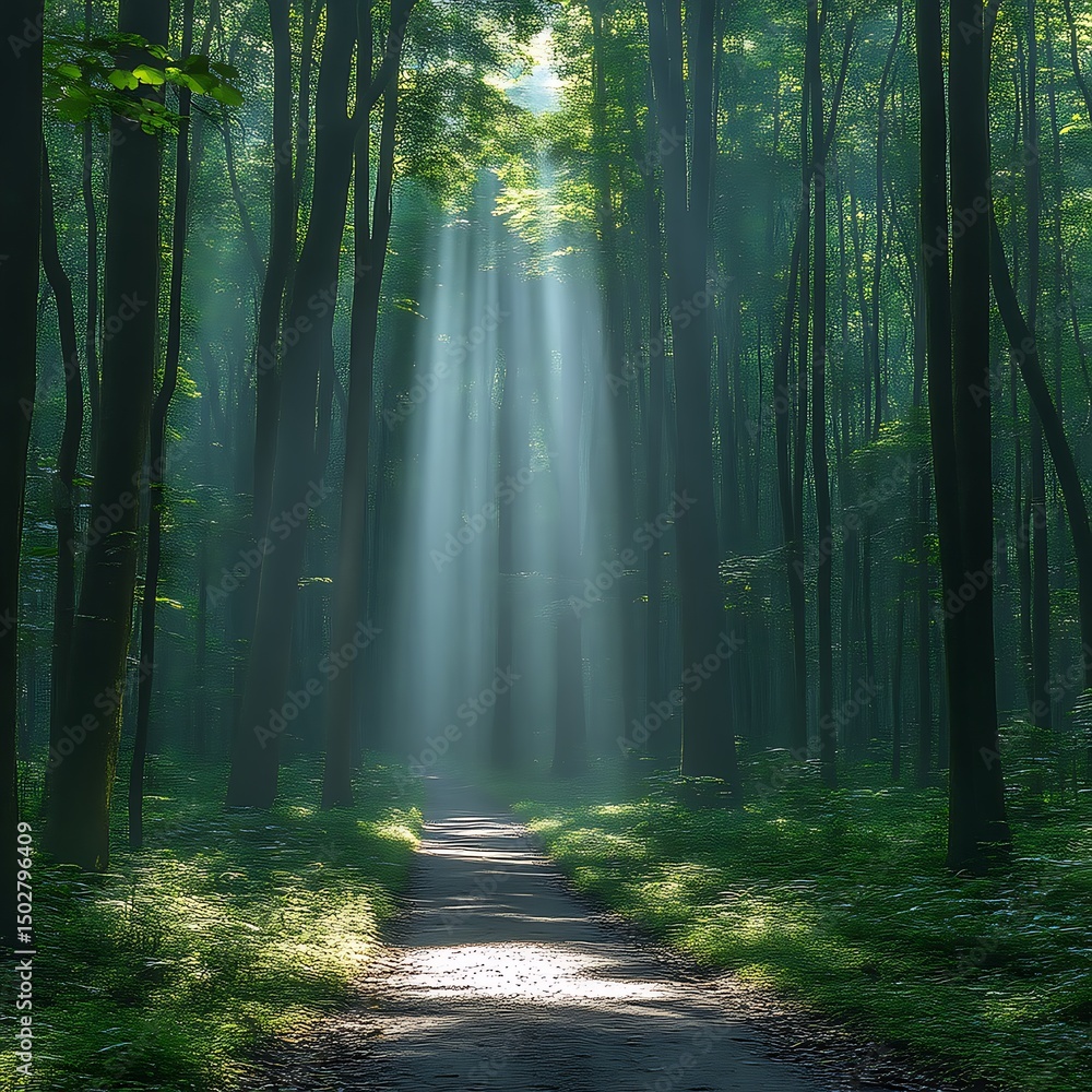 Obraz premium Sunlight streams through a misty forest path.