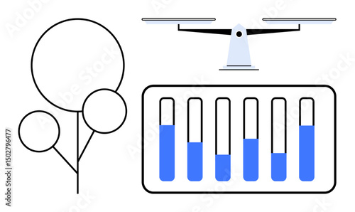 Drone hovering near test tubes above tree outline, signifying environmental monitoring, analysis, technology implementation. Ideal for climate monitoring, innovation, research, ecology studies