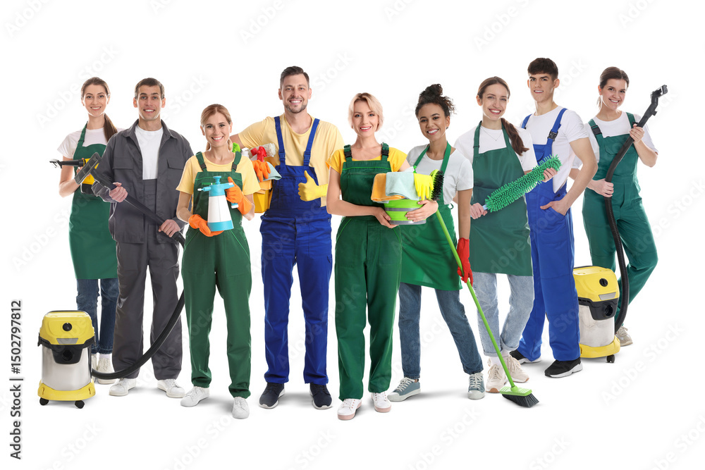 Fototapeta premium Cleaning team with different supplies on white background
