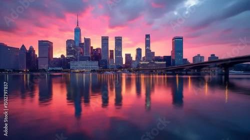Wallpaper Mural City Skyline Reflecting in Water at Colorful Sunset Beautiful Urban Scenery Torontodigital.ca