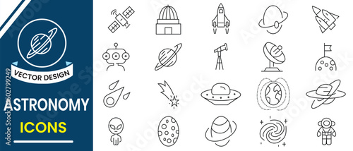 Astronomy line icon. Astronomy and space exploration icon set. Earth, moon, sun, galaxy, rocket alien, universe, astronaut, astronaut, space planet, rocket, comet, telescope and planet icons vector.