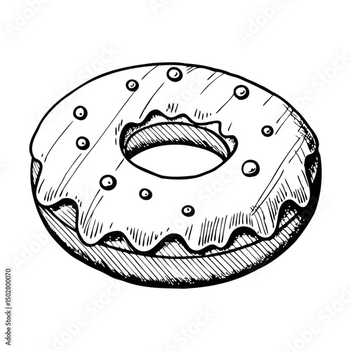 A hand-drawn illustration of a donut with icing and sprinkles. The donut is round with a hole in the center, showcasing a classic dessert design.