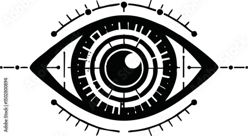 Flat vector icon of a futuristic eye scanning digital data, retina, biometric theme, minimal design, white background