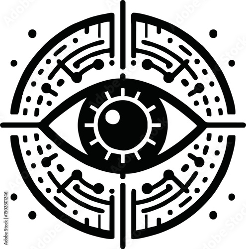 Flat vector icon of a futuristic eye scanning digital data, retina, biometric theme, minimal design, white background