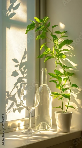 Sunlight plant wineglass windowsill still life