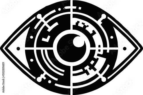 Flat vector icon of a futuristic eye scanning digital data, retina, biometric theme, minimal design, white background