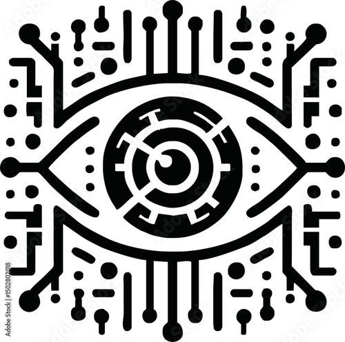 Flat vector icon of a futuristic eye scanning digital data, retina, biometric theme, minimal design, white background