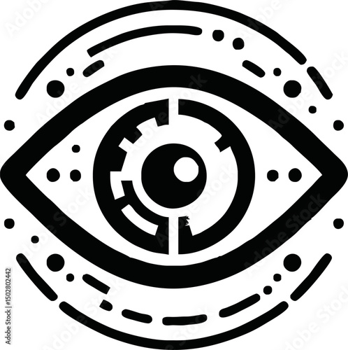 Flat vector icon of a futuristic eye scanning digital data, retina, biometric theme, minimal design, white background