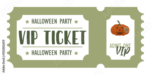 Halloween Party VIP Ticket Template Design Mockup. Green Halloween VIP party admission ticket. Eco-friendly halloween concept. Flat style. Vector illustration